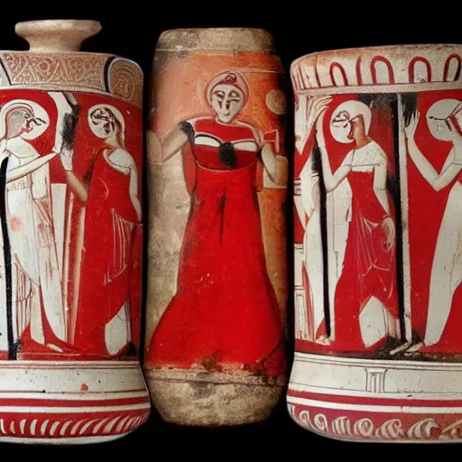 Image similar to red and black greek pottery showing hera scolding aphrodite and artemis for posting divine secrets on twitter