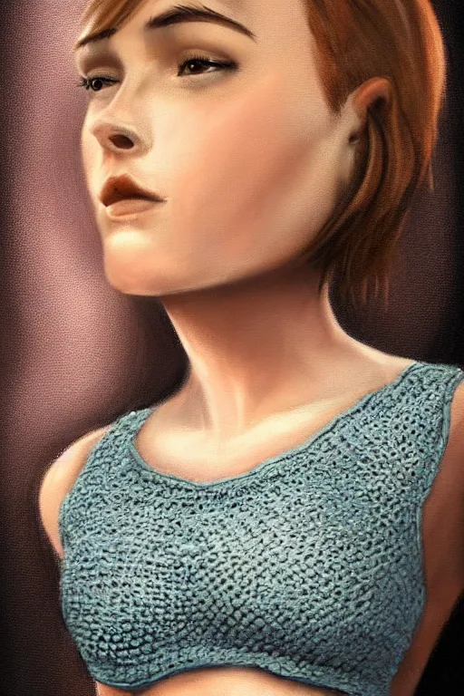 Image similar to Female model with short hair wearing a crocheted croptop, digital painting, small chest, artstation, full body realistic portrait, HD, dramatic lighting, highly detailed,