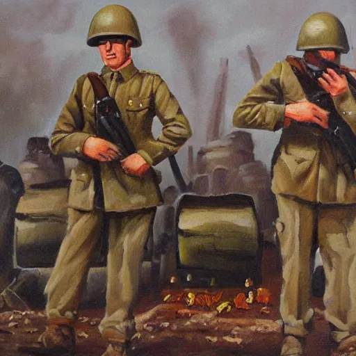 Prompt: british supermarket world war 2 soldiers, oil painting