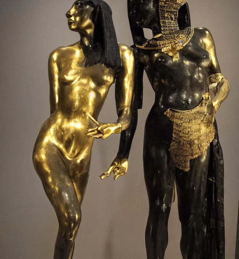 Image similar to a photo at the museum showing a black marble and gold full body sculpture of cleopatra. good quality, good light, anatomically correct, 8 k