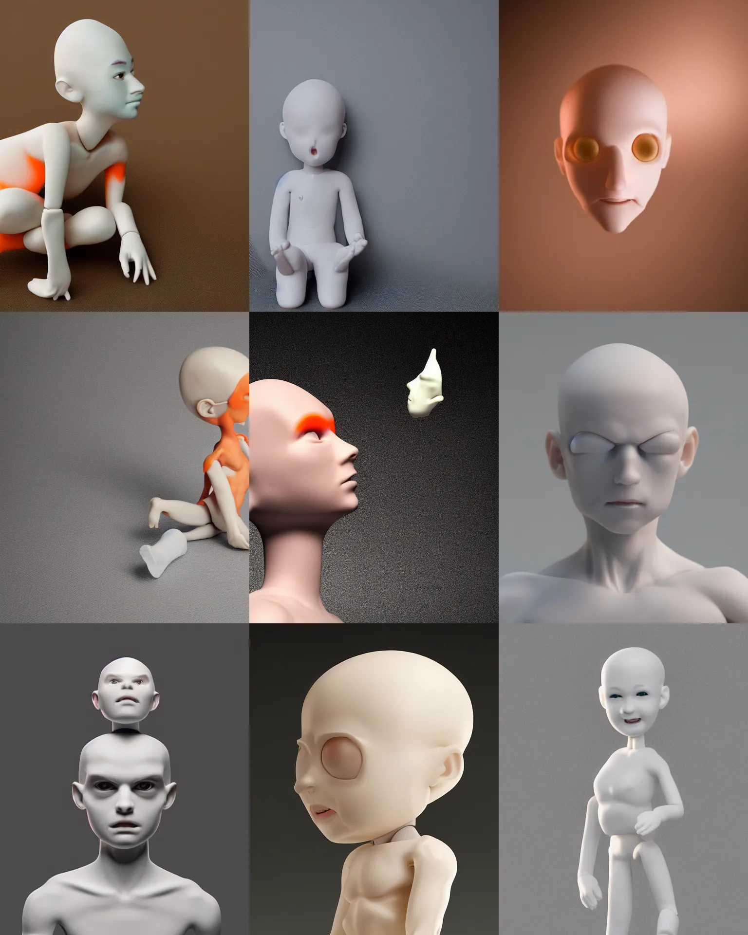 Prompt: a photo of a genderless white toy figurine made from resin, headless, pillhead, pale head, bald, smooth skin, even surface, minimalistic, octane rendering, ambient lighting, orange subsurface scattering