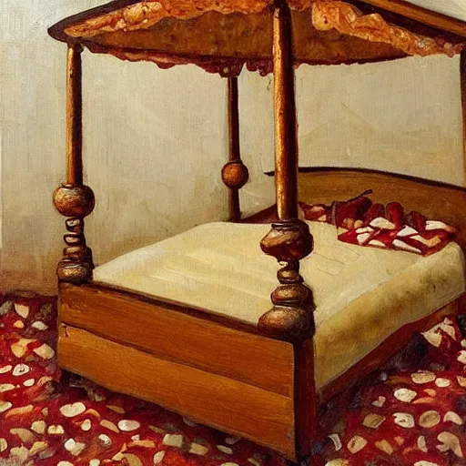 Prompt: a four poster bed made out of pizza, stringy melted cheese blanket, oily pepperoni pillows, stuffed crust of dreams, in the style of oil painting, detailed brushstroke,