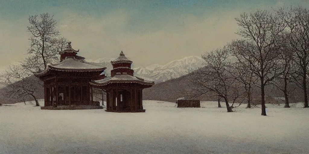 Image similar to observatory covered by snow, temple, tibetian mountains by Fernand Khnopff