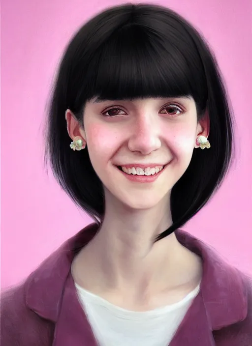 Image similar to portrait of teenage girl, realistic, black hair, bangs, half updo hairstyle, pointy nose, skinny, smile, ugly, defined jawline, big chin, pink hair bow, earrings, intricate, elegant, glowing lights, highly detailed, digital painting, artstation, sharp focus, illustration, art by wlop, mars ravelo and greg rutkowski