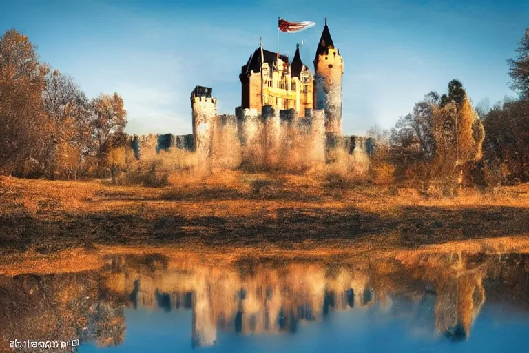 Image similar to castle, chrome, reflect, ultra realistic!!!, clear weather, golden hour, sharp focus