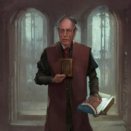 Image similar to My Favorite Portrait of a lawyer genius academician wearing a grimoire in his holding hand whilst wearing a vest of scholarship Greg Rutkowski Marc Simonetti Anato finnstark Brooklyn New York Hidden Stairway Hidden Alcove Visible Alleyway 4k Artstation Background Wallpaper 1080p