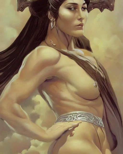 Prompt: a stunning portrait of an ancient greek priestess, sfw, fantasy art by Frank Frazetta and Boris Vallejo, highly detailed, trending on artstationhq