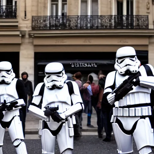 Image similar to storm troopers on the streets of paris, taking photos