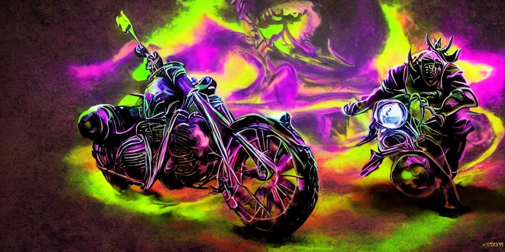 Image similar to high quality cinematic action shot of an orc doing a wheelie on a motorcycle, psychedelic blacklight airbrush art