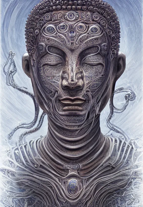 Image similar to perfectly centered portrait, front view of a beautiful biomechanical alien android robot buddha, female, flowing hair, intense stare, sarcastic smile, symmetrical, concept art, intricate detail, volumetric shadows and lighting, realistic oil painting by alex grey and gustave dore,