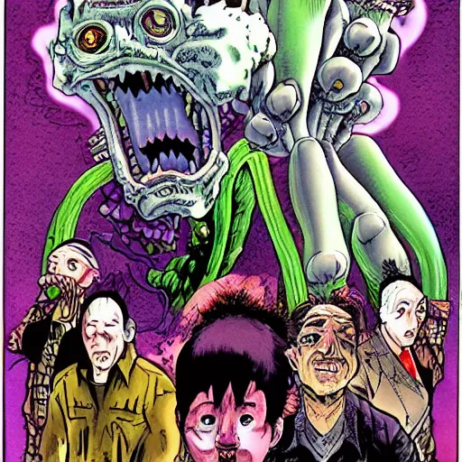 Image similar to distorted by katsuhiro otomo, by phil foglio deep purple. the experimental art features a group of monsters who live in a castle & have to deal with frankenstein's monster.