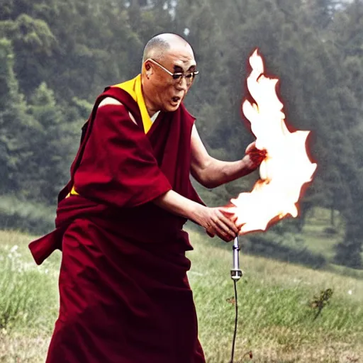 Image similar to dalai lama aggressively firing a flamethrower into the air