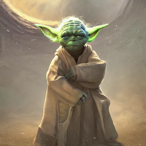 Image similar to middle-aged yoda floating, au naturel, hyper detailed, digital art, trending on artstation, cinematic lighting, studio quality, smooth render, unreal engine 5 rendered, octane rendered, art style by klimt and nixeu and ian sprigger and wlop and krenz cushart