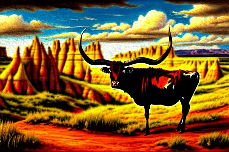 Image similar to a oil panting of a longhorn steer on a bluff in utah badlands, in the style of johfra bosschart, digital painting, extremely moody, highly detailed, sharp focus, illustration, key visual, unreal engine