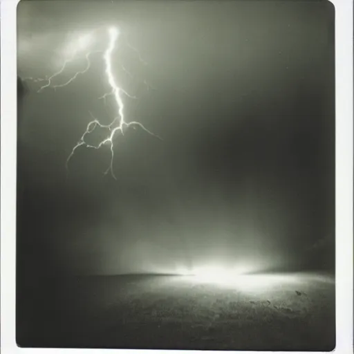 Image similar to low wide angle, old polaroid of a man being hit by a lighting strike, black and white