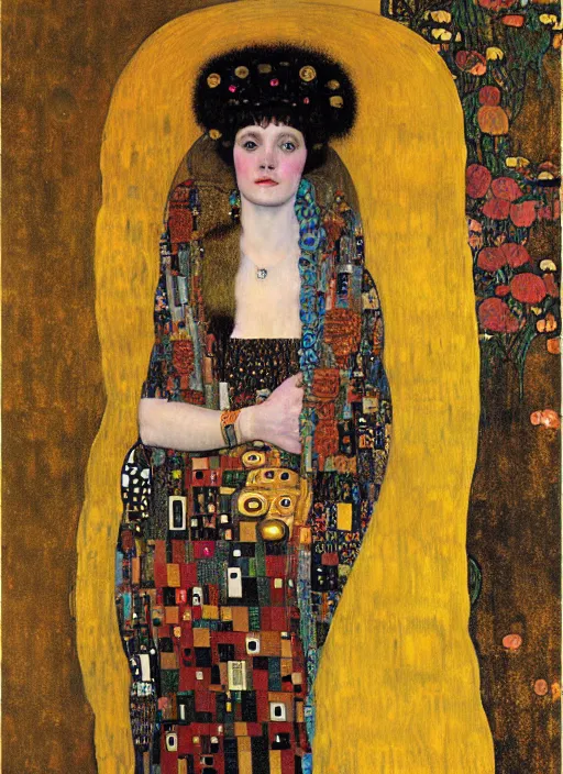 Image similar to portrait of young woman in renaissance dress and renaissance headdress, art by gustav klimt