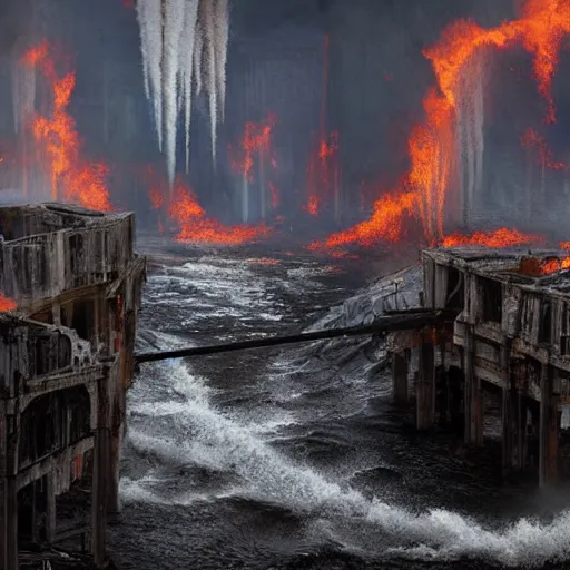 Prompt: big crumbling pillars over raging turbulent waters, conflagration in the background a lot of fire, hyper realistic, highly detailed, digital art, apocalyptic, intimidating lighting, raytracing, sharp focus, smooth, romanticism