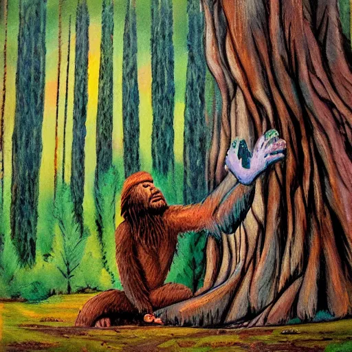 Prompt: bigfoot praying at a forest alter Frank Frazzetta