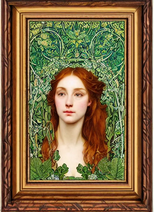 Prompt: masterpiece beautiful seductive flowing curves preraphaelite face portrait photography, ophelia extreme close up shot, straight bangs, thick set features, yellow ochre ornate medieval dress, amongst foliage mushroom forest circle arch, william morris and kilian eng and mucha, framed, 4 k
