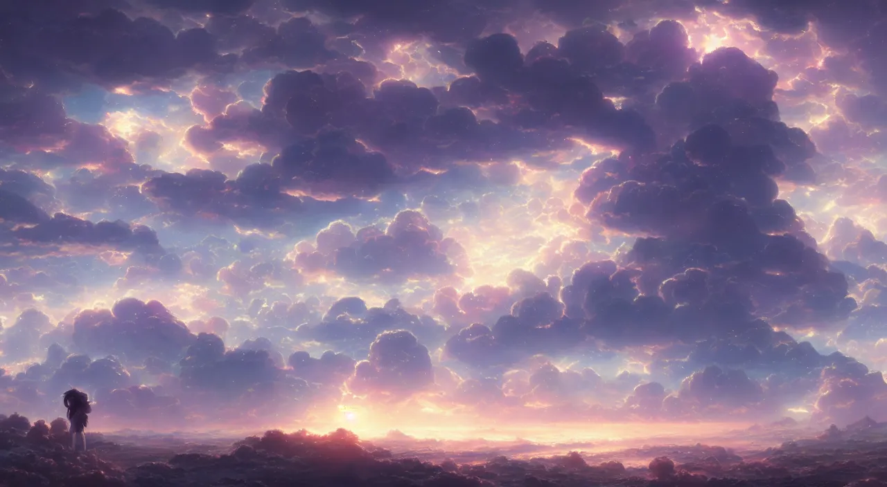 Prompt: In the clouds of Jupiter, by Makoto Shinkai and Thomas Kinkade, beautiful matte painting, trending on cgsociety and unreal engine，light effect，highly detailed，super wide angle，