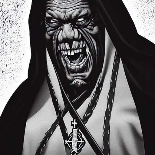 Image similar to Danny Trejo as church nun, dark fantasy, highly detailed, artstation, manga illustration by Kentaro Miura berserk