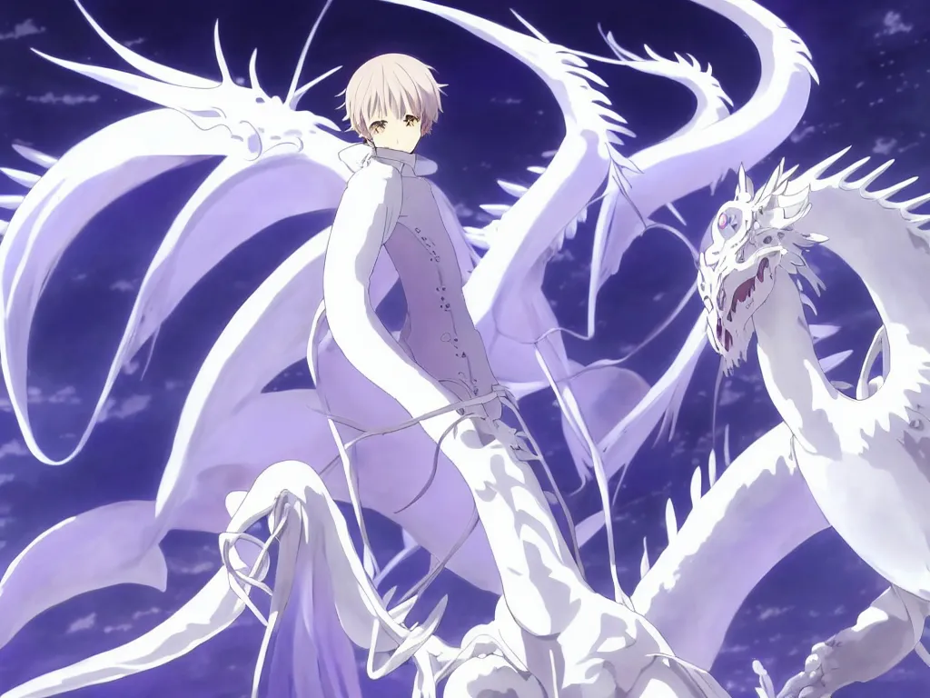 Image similar to anime art full body portrait character concept art, be surrounded by a huge silver white dragon center, in white clouds fairyland, anime key visual of violet evergarden, finely detailed perfect face delicate features directed gaze, trending on pixiv fanbox, violet evergarden, studio ghibli, xision, extremely high quality artwork