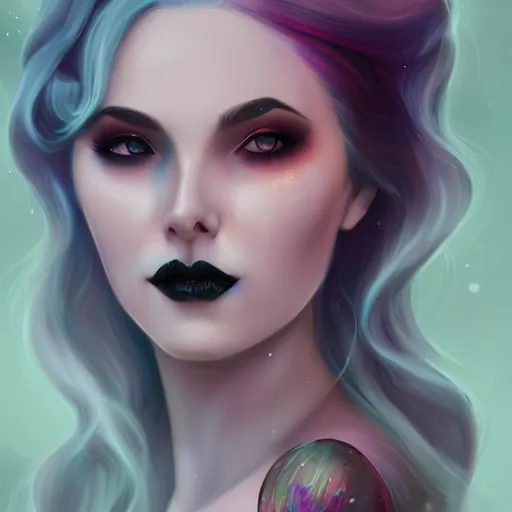 Prompt: portrait of a woman inspired by lois van baarle, charlie bowater, anna dittmann, illustration, iridescent, iridescent hair, face, hair styles, goth makeup, glitter, self confidence, cinematic 8 k