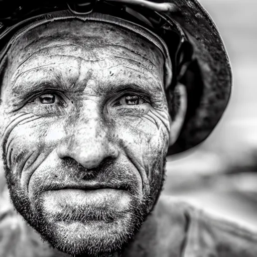 Prompt: close up face male portrait of a coal miner who just finished is last shift. black and white