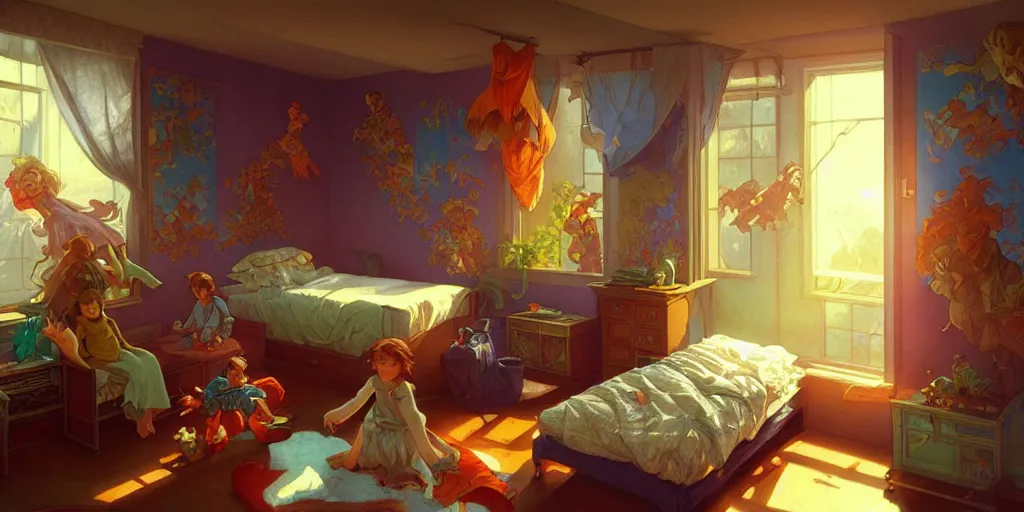 Prompt: kids bedroom 1 9 9 0 s, highly detailed, digital painting, artstation, concept art, matte, sharp focus, illustration, art by artgerm and greg rutkowski and alphonse mucha