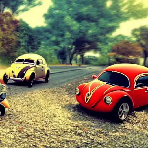 Image similar to promotional movie scene of a ( volkswagen beatle ) and ladybug hybrid. a ( volkswagen beatle ) merged into a ladybug. the hybrid is racing down a dusty back - road. cinematic, 4 k, imax, 7 0 mm