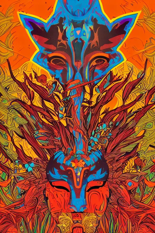 Image similar to animal mask totem roots flower tribal feather gemstone plant wood rock shaman vodoo video game vector cutout illustration vivid multicolor borderlands comics by josan gonzales and dan mumford radiating a glowing aura