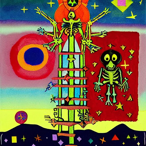 Image similar to pixel decollage painting tarot devil card composition tower of babel road red armor maggot bear and wonky alien frog skeleton knight on a horse in a dark red cloudy night sky with golden foil jewish stars, occult symbols and diamonds, mountain lake and blossoming field in background, painted by Mark Rothko, Helen Frankenthaler, Danny Fox and Hilma af Klint, pixelated, neo expressionism, semi naive, pastel colors, cinematic, color field painting, cave painting, voxel, pop art look, outsider art, minimalistic. Bill Traylor painting, part by Philip Guston and Francis Bacon. art by Adrian Ghenie, very coherent symmetrical artwork, cinematic, hyper realism, high detail, octane render, unreal engine, Smooth gradients, depth of field, full body character drawing, extremely detailed, 8k, extreme detail, intricate detail, masterpiece