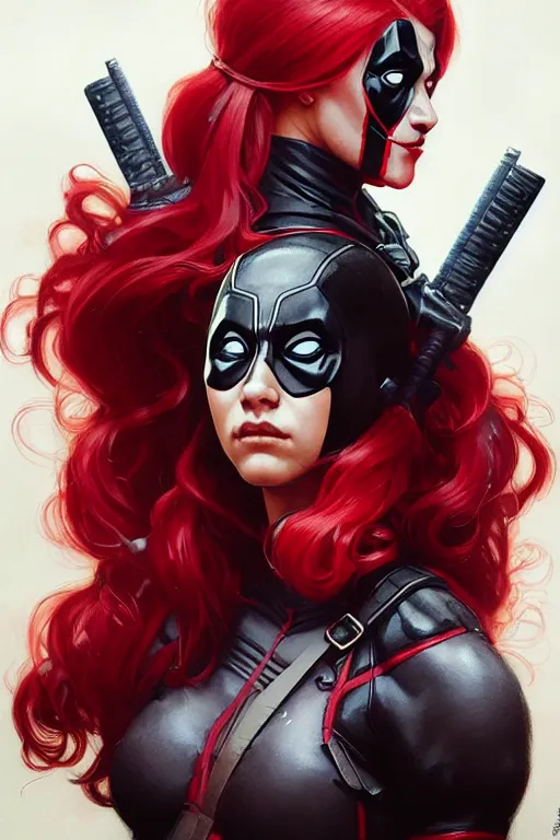 Image similar to portrait of a girl wearing deadpool costumes, upper body, red hair, long hair, d & d, fantasy, fierce, sharp features, intricate, elegant, highly detailed, digital painting, artstation, concept art, matte, sharp focus, illustration, art by artgerm and greg rutkowski and alphonse mucha