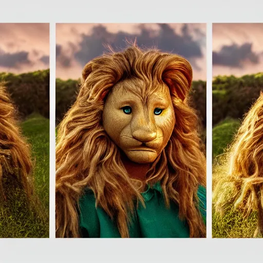 Prompt: detailed portrait center full shot of the cowardly lion from oz with apple trees, 8k