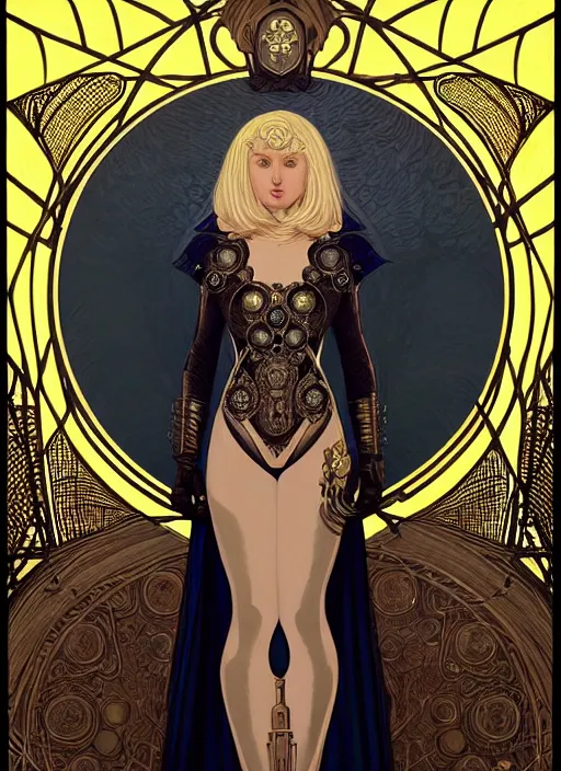 Prompt: symmetrical centered portrait, dark witch in front of the full big moon, blonde hair, intricate metal armour, Art Nouveau, beautiful retro Fantasy heroine 1985, intricate, elegant, highly detailed, centered, digital painting, trending on artstation, concept art, smooth, sharp focus, illustration, art by raphael lacoste, eddie mendoza, Mucha, alex ross, WLOP