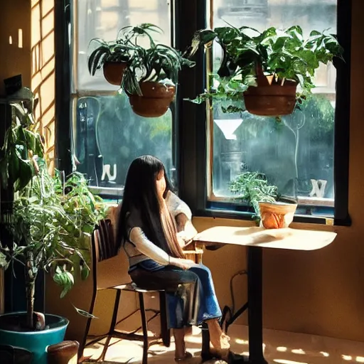 Image similar to a cozy cute cafe with tables, a big window and plants, a young pretty thin filipino woman with long hair sits with an espresso, golden morning light, dramatic light, happy cozy feelings, oil painting trending on artstation