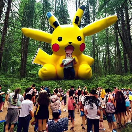 Image similar to photograph of a group of people worshipping a giant pikachu in a forest