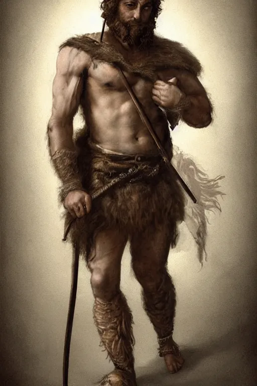 Image similar to renaissance full body portrait of a gruff ranger with a spear, lean and toned, handsome face, hairy chest and hairy body, D&D, intricate, elegant, highly detailed, digital painting, artstation, concept art, matte, sharp focus, chiaroscuro, well list, sharp detail, illustration, art by Da Vinci, Artgerm and Greg Rutkowski and Alphonse Mucha