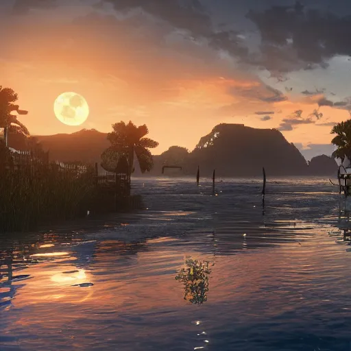 Prompt: Floating palace, moon reflecting on the water, thunderstorm, greek pool, beach and Tropical vegetation on the background major arcana sky, rdr2 screenshot, pc read dead 2 videogame, hyperrealistic 8k, award-winning, very very very detailed