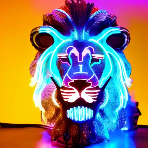 Prompt: cybernetic organism lion with blue neon light and smoke and purple lighting