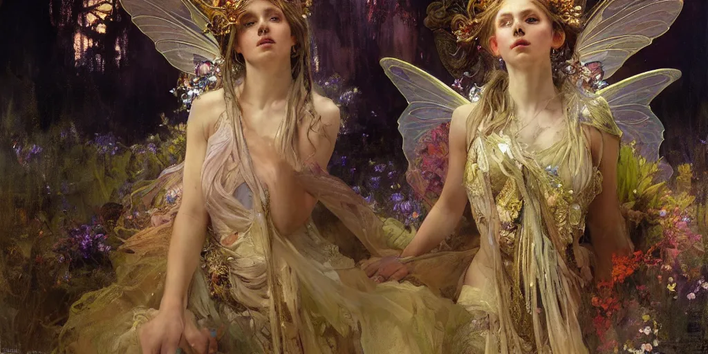 Image similar to hyperrealist portrait of a fairy girl emperorit is decorated with long robes that fall like stars and wears a huge crown. by jeremy mann and alphonse mucha, fantasy art, photo realistic, dynamic lighting, artstation, poster, volumetric lighting, very detailed faces, 4 k, award winning