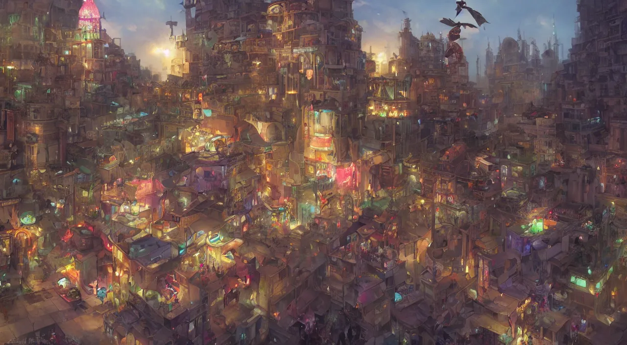 Image similar to bazaar zouk oriantal place mosquet multicolorful sky shine matte painting, street art, trending on artstation, by huang guangjian and gil elvgren and sachin teng