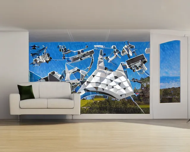 Image similar to photo of minimalist abstract cubist sculpture of curvy spaceship with random small mecha mayan decorations, covered with few large white airplane parts with windows and doors, large size as relief 3 d mural