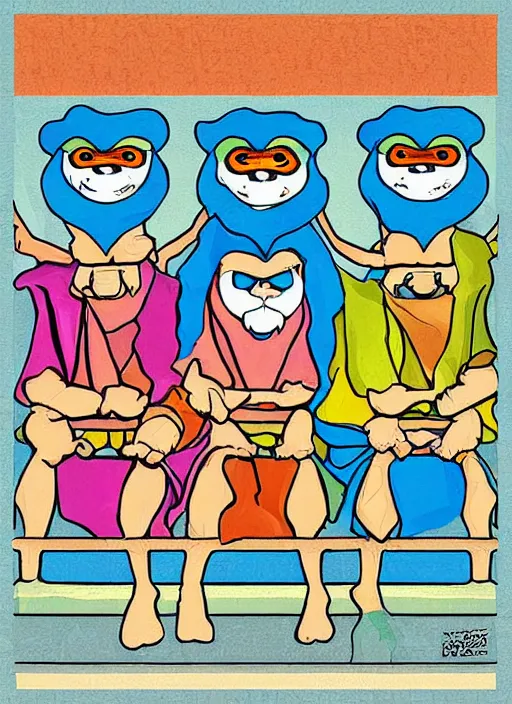 Image similar to digital art illustration of the three wise monkeys, colorful digital art by ralph goings, soft edges, brightly coloured comic book style painting