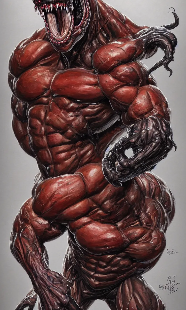 Prompt: legs and feets study of hyper realist full body long shot portrait of bodybuilder venom from marvel comics!!!!, large mouth with teeth, large tongue, lovecraftian horror!!, fantasy, intricate, elegant, highly detailed, digital painting, artstation, concept art, matte, sharp focus, illustration, art by glenn fabry and giger