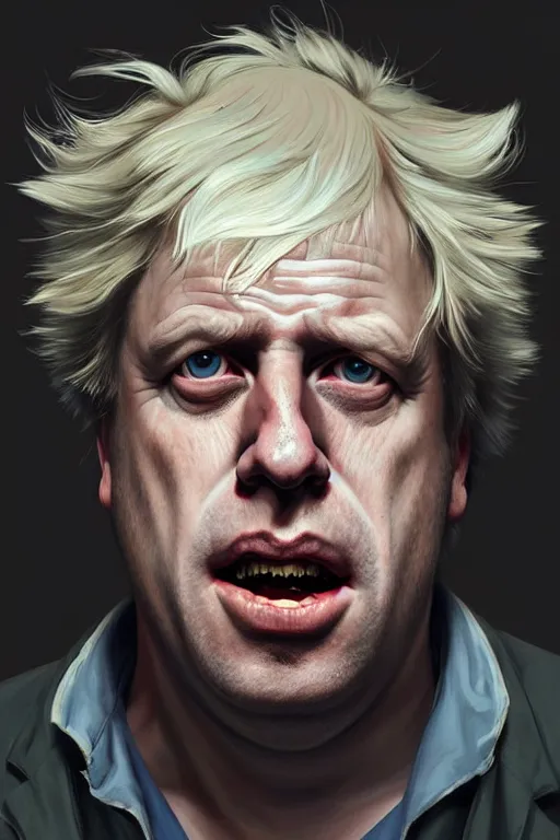 Image similar to Boris Johnson as Rick Sanchez, realistic portrait, symmetrical, highly detailed, digital painting, artstation, concept art, smooth, sharp focus, illustration, cinematic lighting, art by artgerm and greg rutkowski and alphonse mucha