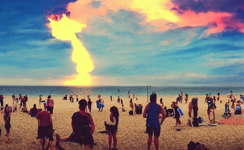 Image similar to sunny day at the beach blue sky big explosion on the horizon and few people watching it war apocalyptic photorealistic