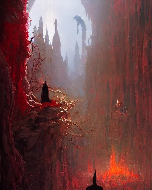 Image similar to a fantasy painting with a wizard in red robes in the foreground of a surreal environment by greg rutkowski and michael whelan