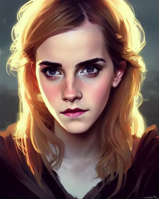 Image similar to '' Portrait of Beautiful blonde emma watson in her early 30’s, league of legends, LOL, fantasy, d&d, digital painting, artstation, concept art, sharp focus, illustration, art by greg rutkowski and alphonse mucha ''