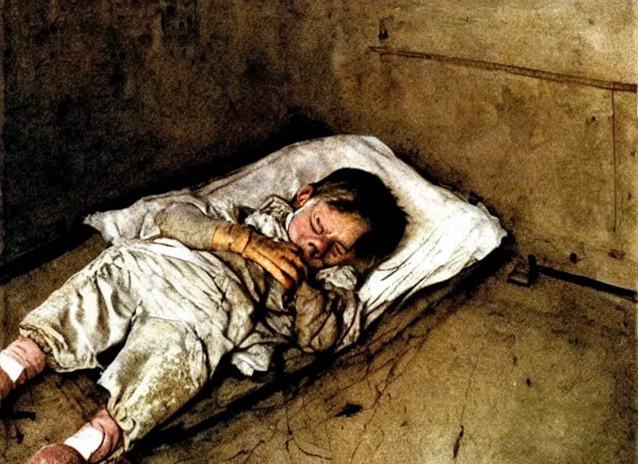 Image similar to poor child sleeping in a dirty makeshift hospital, painting by andrew wyeth and alan lee, very detailed, somber mood, realistic sad faces